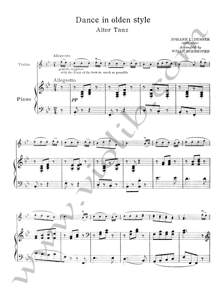 Я. Л. Дуссек "Танец в старинном стиле" ноты для скрипки и фортепьяно.