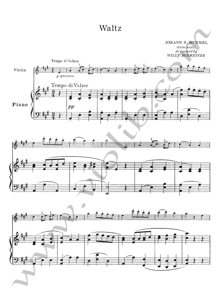 Иоганн Гуммель "Вальс" ноты для скрипки и фортепьяно. Переложение: В. Бурмистер. Скачать ноты